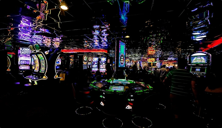 A dark casino floor filled with electronic gaming machines and colourful overhead lighting.