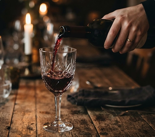Red wine being poured into a crystal glass at a warmly lit, candlelit table.